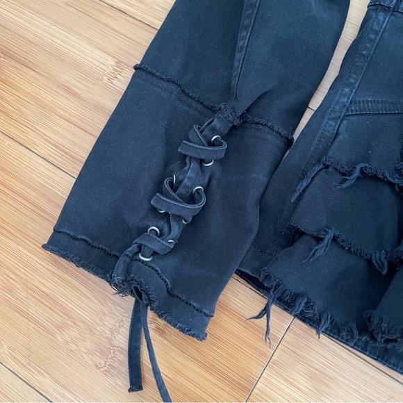 Free People Black Distressed Fitted Jacket with Ruffle Back & Lace-up Cuffs - Picture 8 of 15